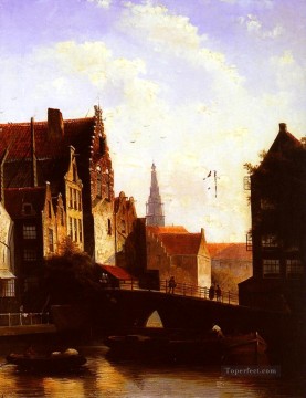 オランダの町の橋の上の人物 Part2 風景 Jan Jacob Coenraad Spohler Oil Paintings